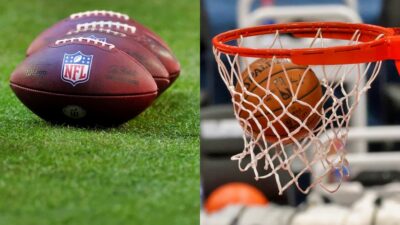 NFL footballs on field and NBA basketball going through net