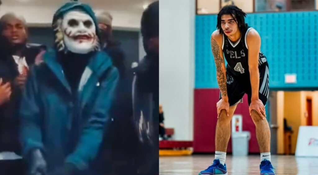 Photo of Noah Scurry in Joker mask and photo of Noah Scurry on basketball court