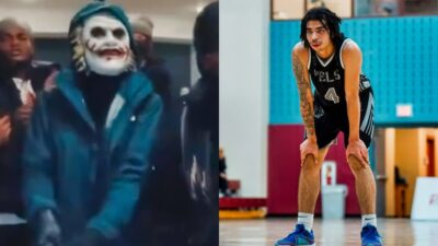 Photo of Noah Scurry in Joker mask and photo of Noah Scurry on basketball court