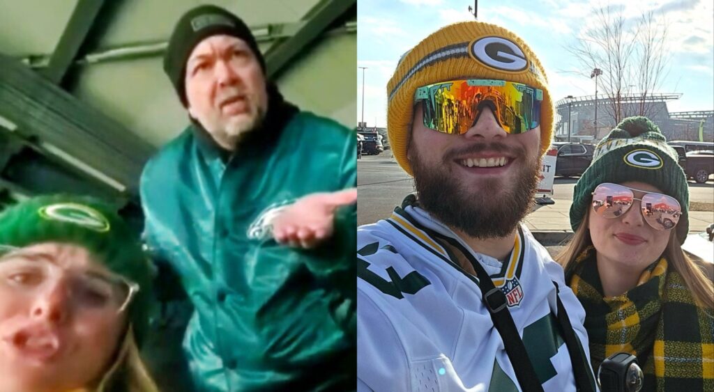 Eagles fan harassing Packers fan and two packers fans taking a selfie.