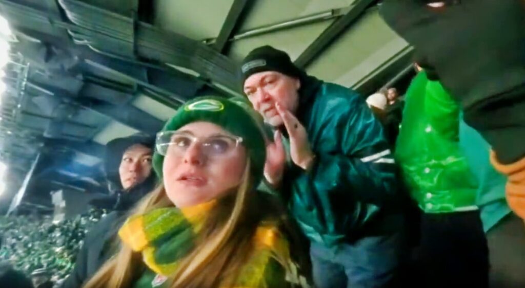 Philadelphia Eagles fan yelling at Packers fan