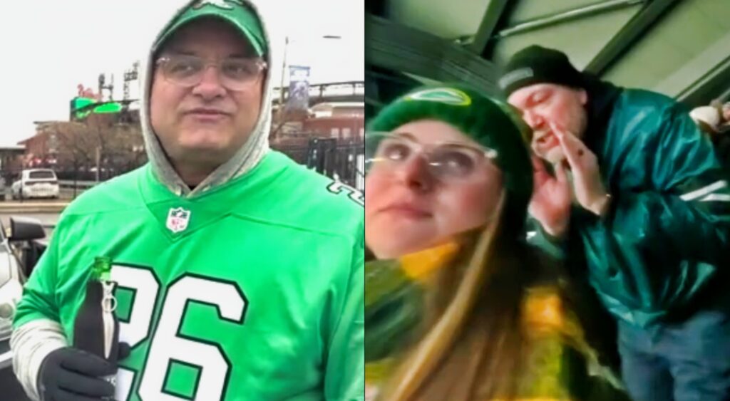 Photo of Phildelphia Eagles fan being interviewed and photo of Ryan Caldwell shouting at Ally Keller