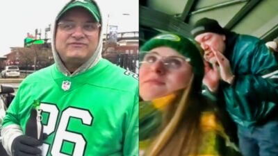 Photo of Phildelphia Eagles fan being interviewed and photo of Ryan Caldwell shouting at Ally Keller