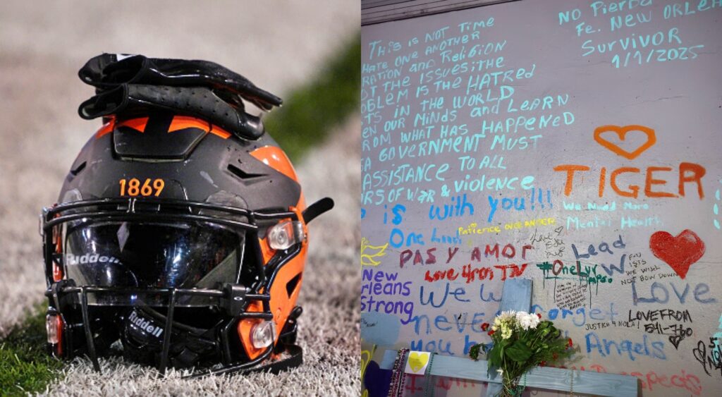 Photos of Princeton helmet & memorial for victims of terror attack for article on Tiger Bech