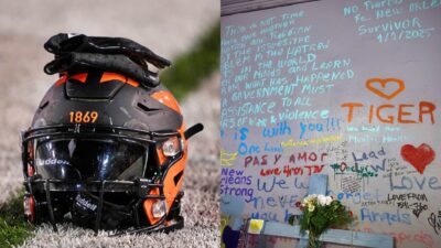 Photos of Princeton helmet & memorial for victims of terror attack for article on Tiger Bech