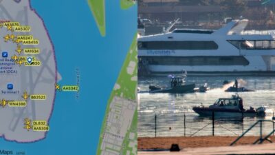 Radar footage of Flight AA5342 (left) and boats on Potomac River (right)