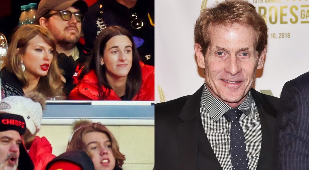 Skip Bayless posing in suit. Caitlin Clark, and Taylor Swift in suite