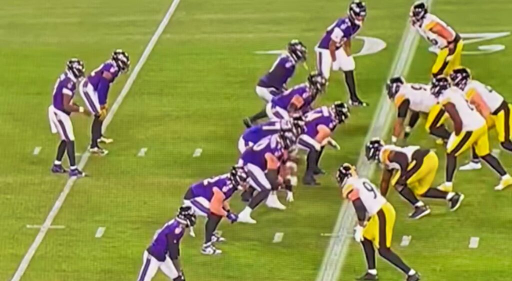 Photo of Ravens lining up vs Steelers for article on Donte Jackson