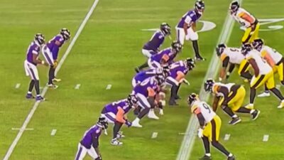 Photo of Ravens lining up vs Steelers for article on Donte Jackson