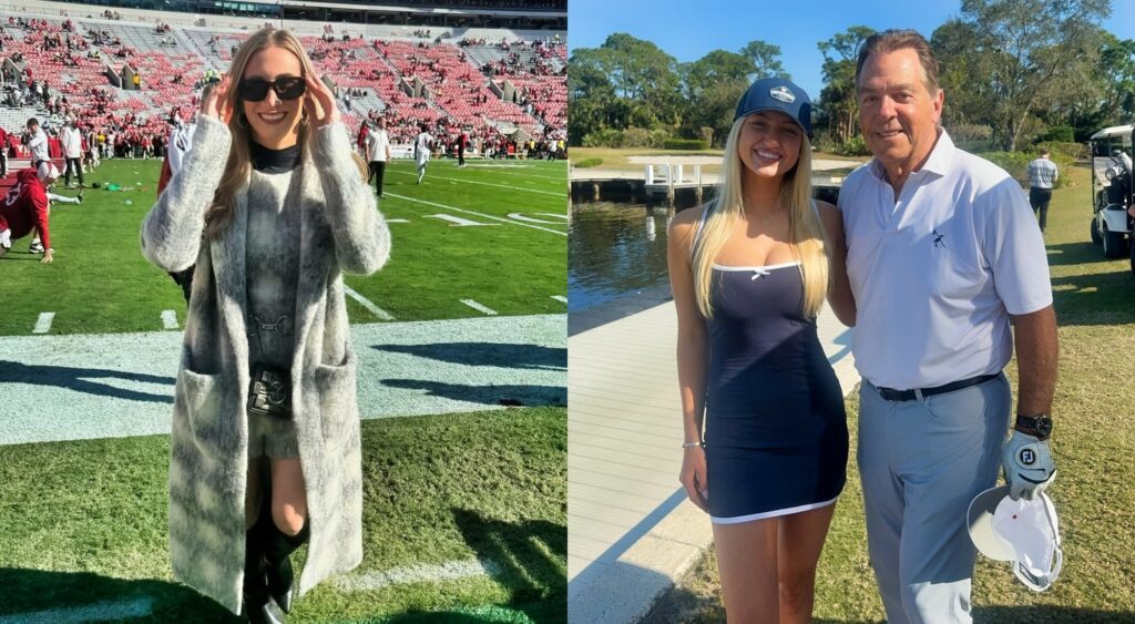 Sydney Thomas and Nick Saban on the golf course, and Kristen saban posing on field