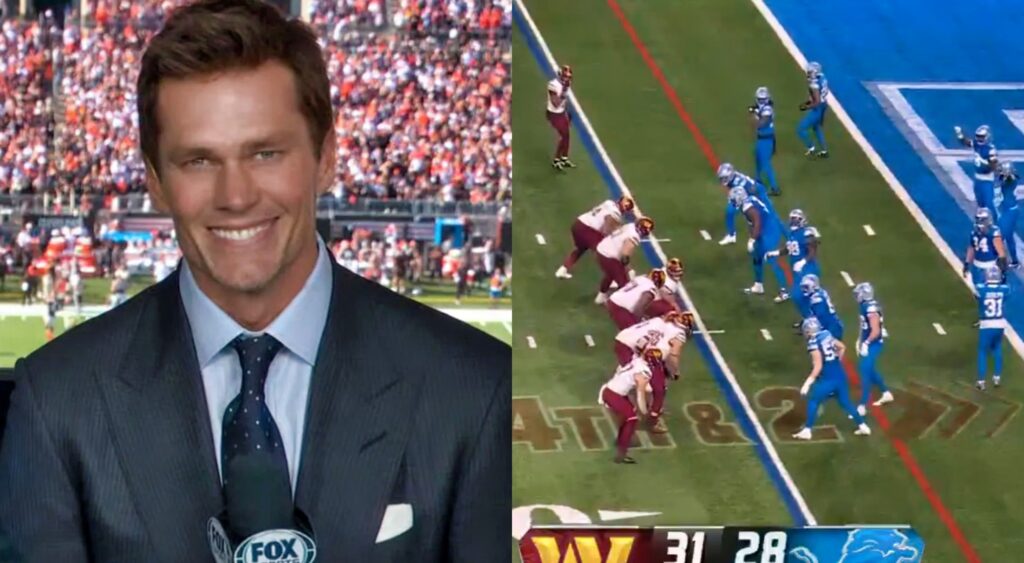 Photo of Tom Brady smiling and photo of Commanders-Lions pre-snap