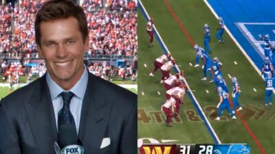 Photo of Tom Brady smiling and photo of Commanders-Lions pre-snap