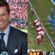 Photo of Tom Brady smiling and photo of Commanders-Lions pre-snap