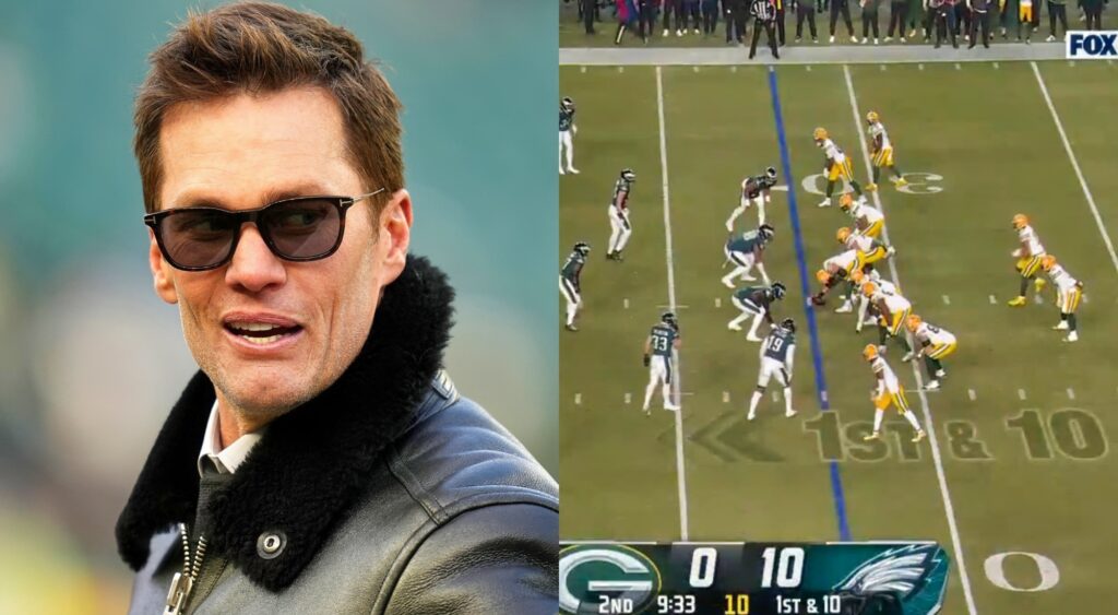 Photo of Tom Brady smiling and photo of Packers lining up vs. Eagles