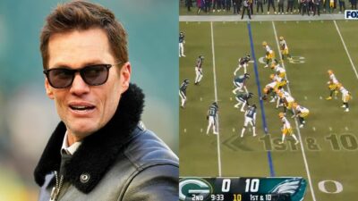 Photo of Tom Brady smiling and photo of Packers lining up vs. Eagles