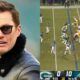 Photo of Tom Brady smiling and photo of Packers lining up vs. Eagles