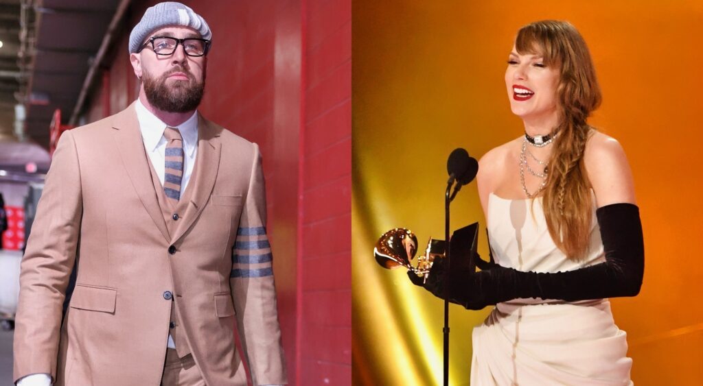 Photos of Travis Kelce arriving at Chiefs game and photo of Taylor Swift at Grammys