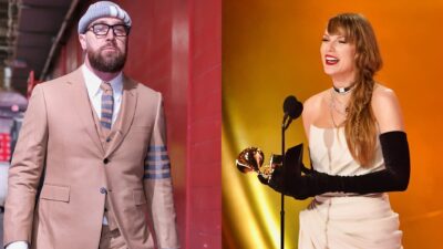 Photos of Travis Kelce arriving at Chiefs game and photo of Taylor Swift at Grammys