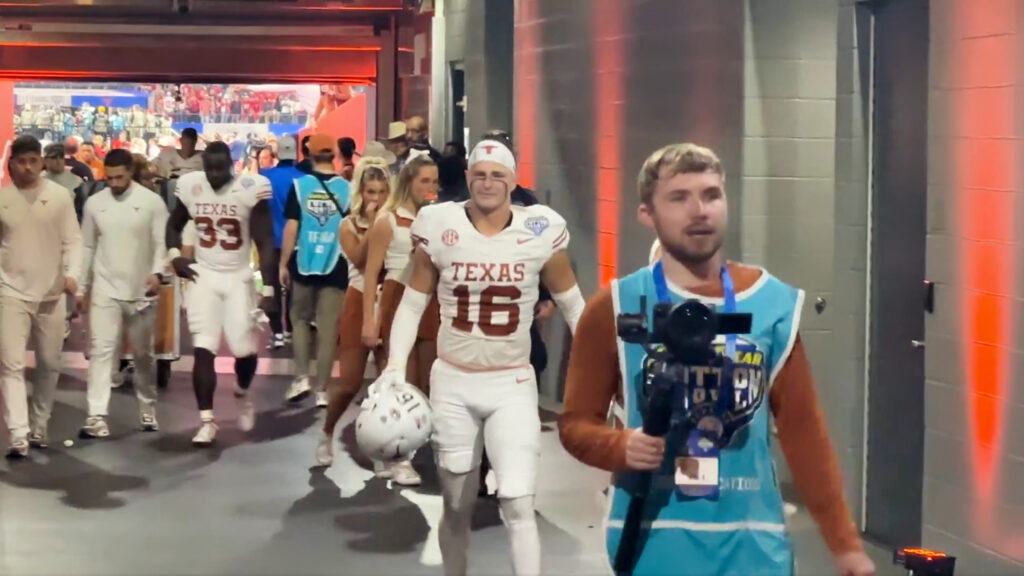 VIDEO: Cameras Caught Texas Cheerleaders Uncomfortable Reaction To Longhorns Michael Taffee Freaking Out On His Way To The Locker Room