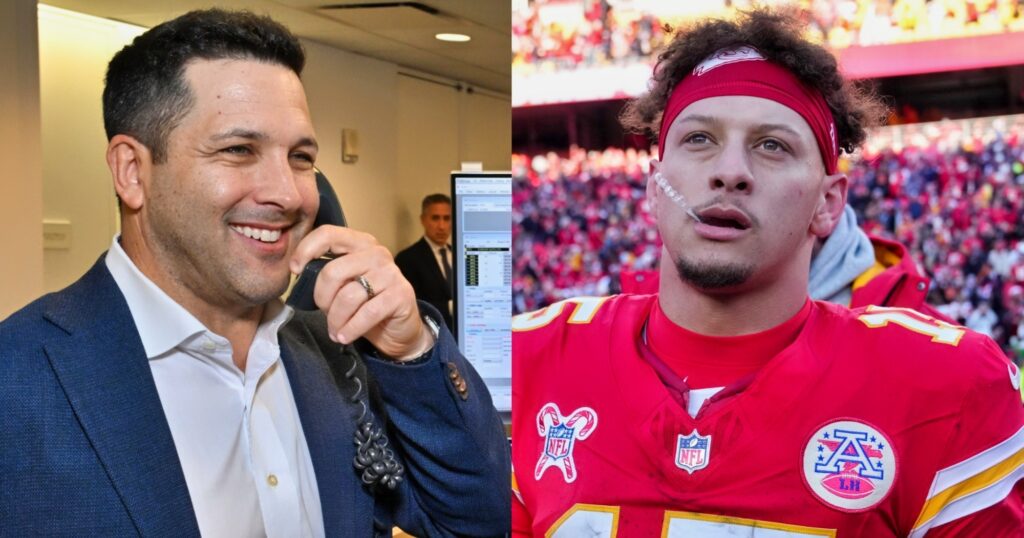 Adam Schefter speaking on phone (left). Patrick Mahomes looking on (right).