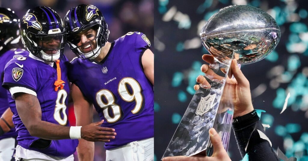 Lamar Jackson and Mark Andrews celebrating (left). Lombardi Trophy being held (right).