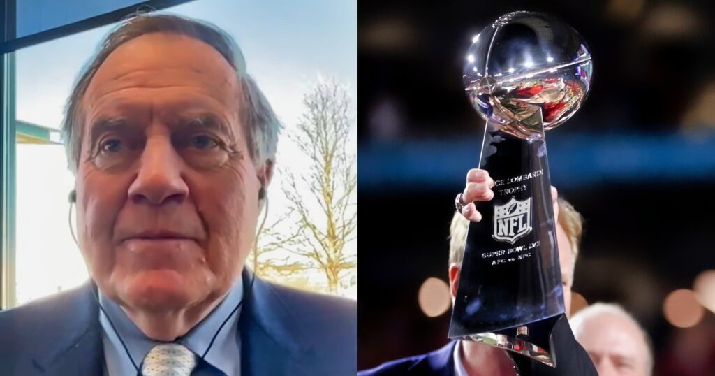 Bill Belichick talking (left). Lombardi Trophy held in air (right).