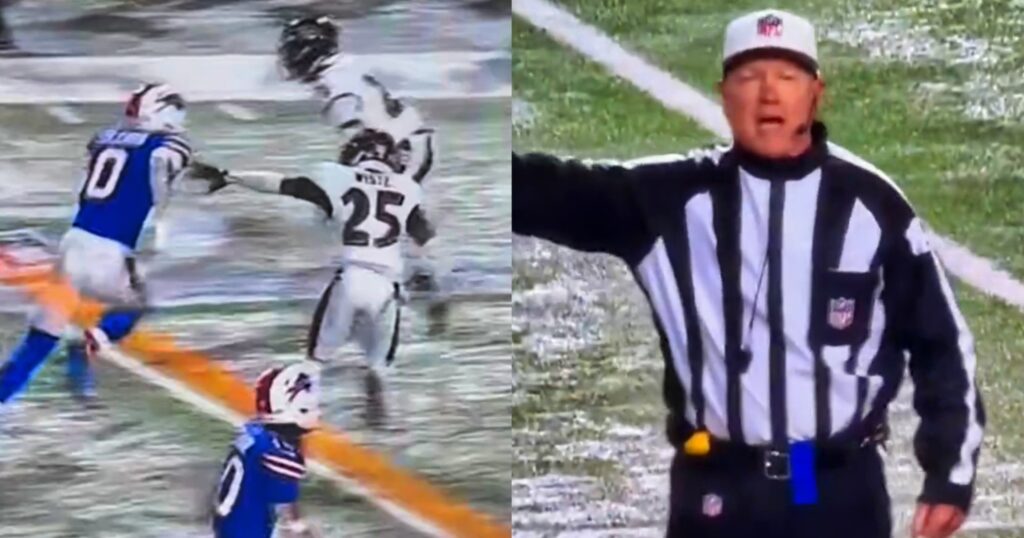 Buffalo Bills vs. Baltimore Ravens (left). Carl Cheffers making a call for NFL refs (right).