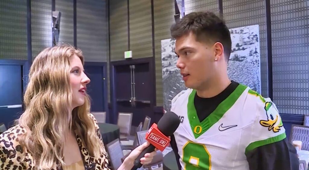 Brenna Greene interviewing Oregon Ducks quarterback Dillon Gabriel.