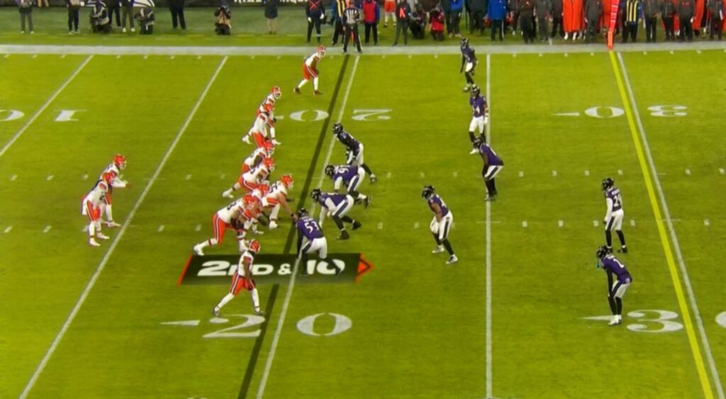 Cleveland Browns running a play vs. Kyle Van Noy and Baltimore Ravens.