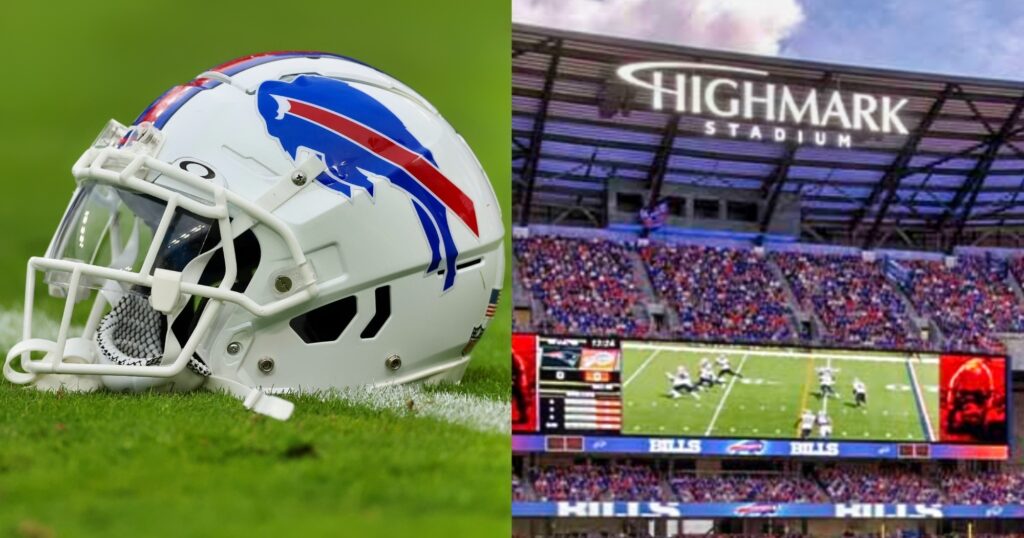 Buffalo Bills helmet (left). Artist rendering of Bills' new stadium (right).