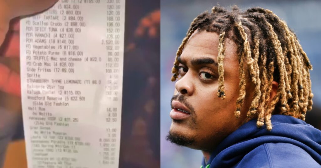 Seattle Seahawks dinner tab (left). Byron Murphy II looks on (right).