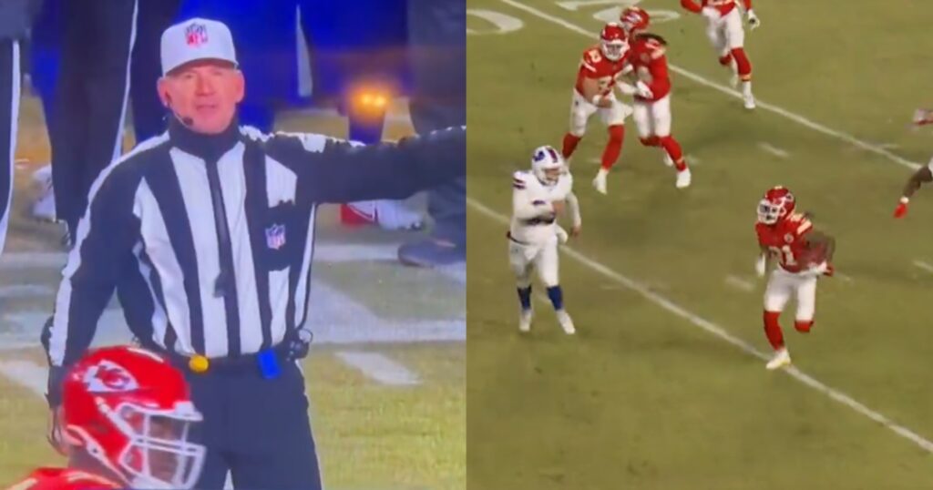 Clete Blakeman making a call (left). Chiefs running a play vs. Bills in AFC Championship Game (right).