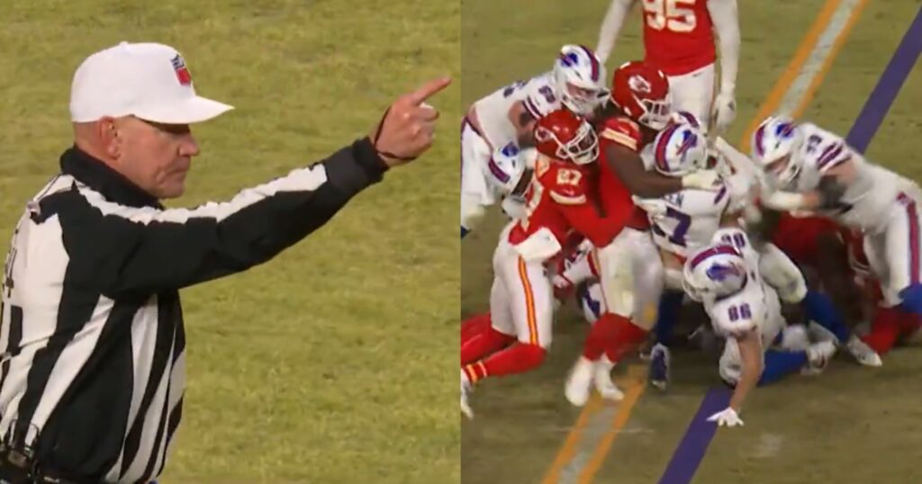 Clete Blakeman making a call (left). Josh Allen being tackled in AFC Championship Game (right).