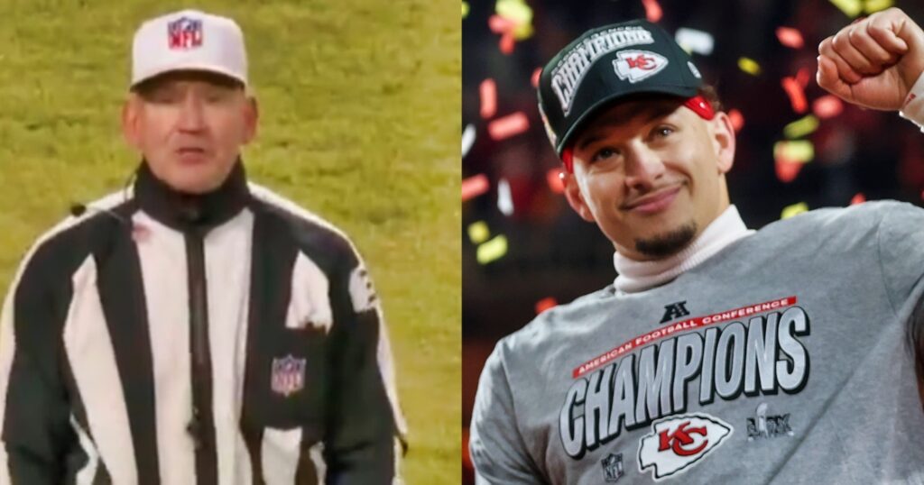 Clete Blakeman making a call (left). Patrick Mahomes celebrating (right).