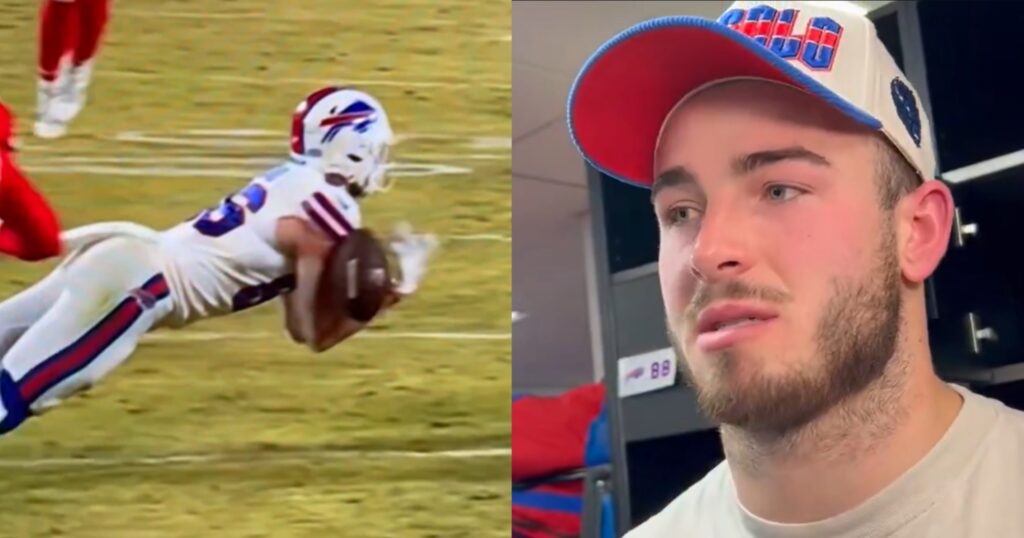 Dalton Kincaid drops a pass (left). Knox speaking to reporters (right).