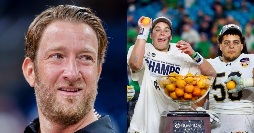 Dave Portnoy looking on (left). Notre Dame celebrating Orange Bowl win (right).