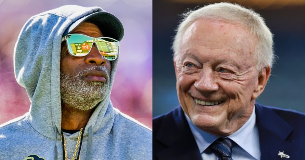 Deion Sanders looking on (left). Jerry Jones smiles (right).