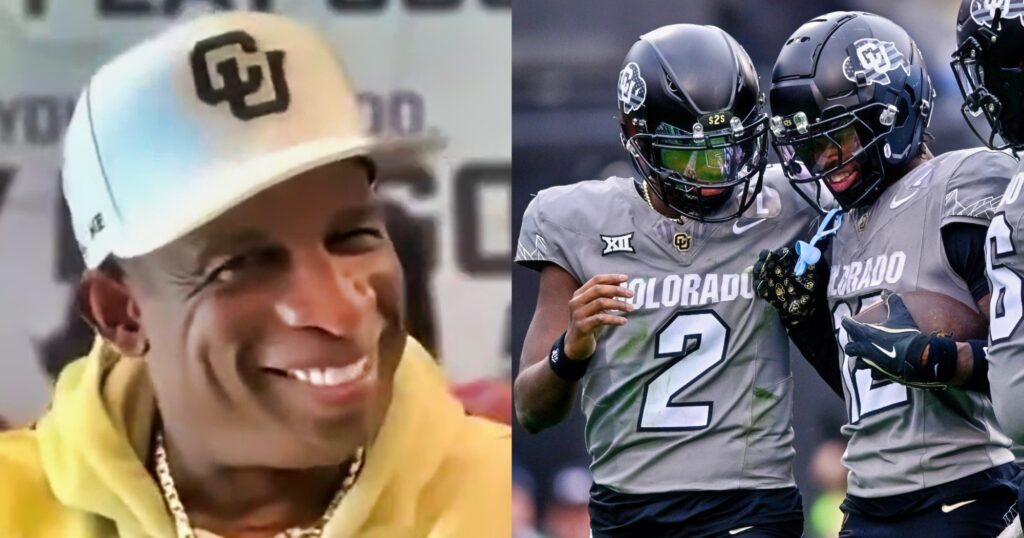 Deion Sanders speaking on show (left). Shedeur Sanders and Travis Hunter celebrate play (right).