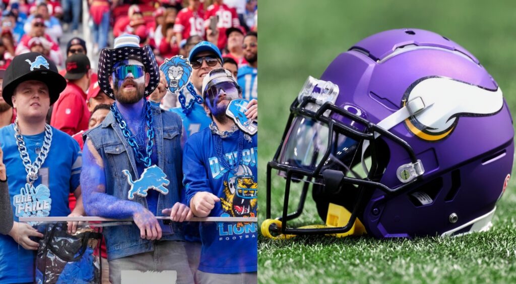 Detroit Lions fans looking on (left). Minnesota Vikings helmet shown on field (right).