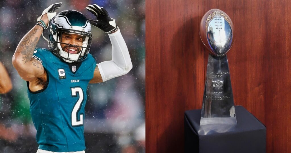 Darius Slay reacts during Philadelphia Eagles game (left). Lombardi Trophy on display (right).