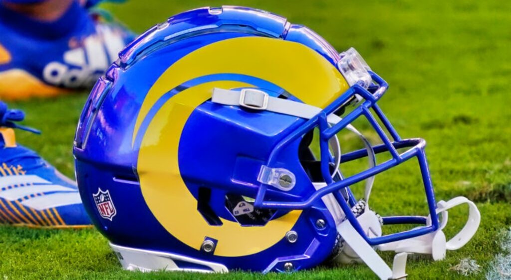 Los Angeles Rams helmet shown on field.