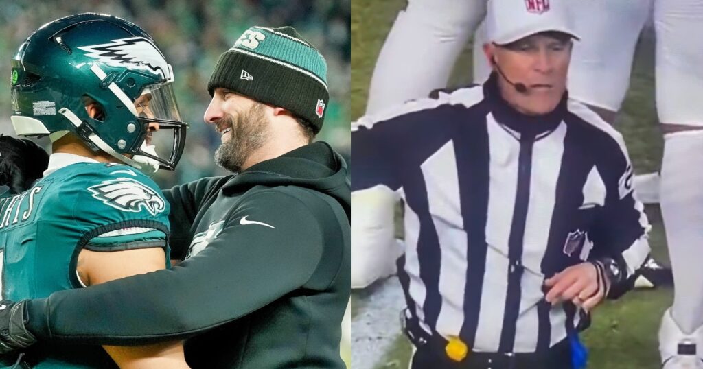 Jalen Hurts, and Nick Sirianni celebrating a play (left). Shawn Hochuli making a call (right).