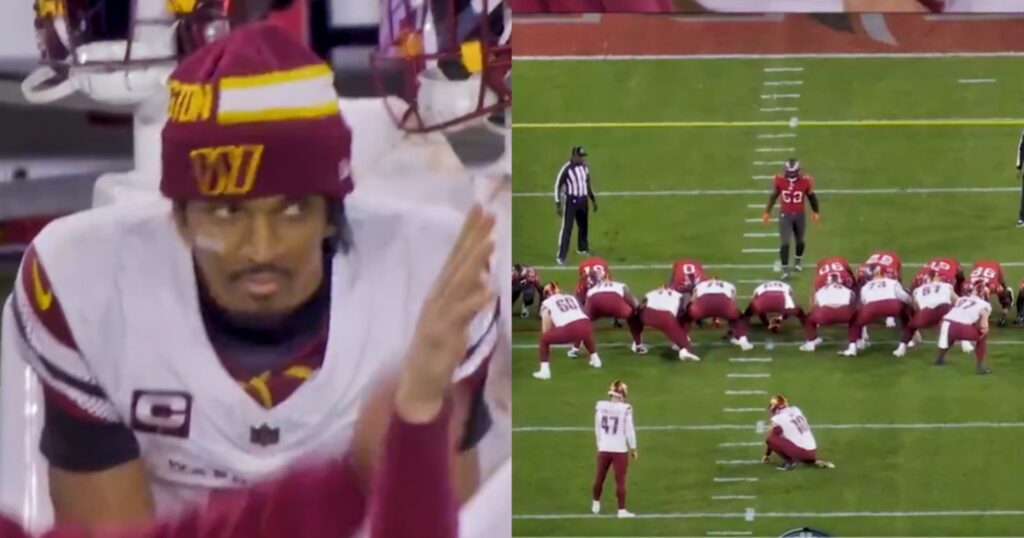 Jayden Daniels reacts (left). Zane Gonzalez lines up for field goal (right).