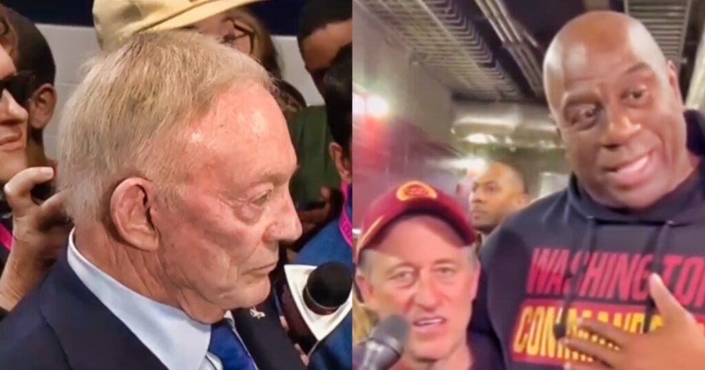 Jerry Jones speaking to reporters (left). Josh Harris and Magic Johnson talking to reporters (right).