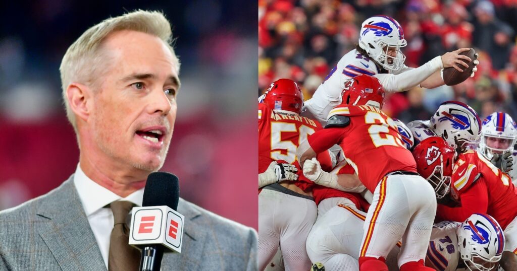 Joe Buck looking on (left). Buffalo Bills running a play vs. Kansas City Chiefs (right).