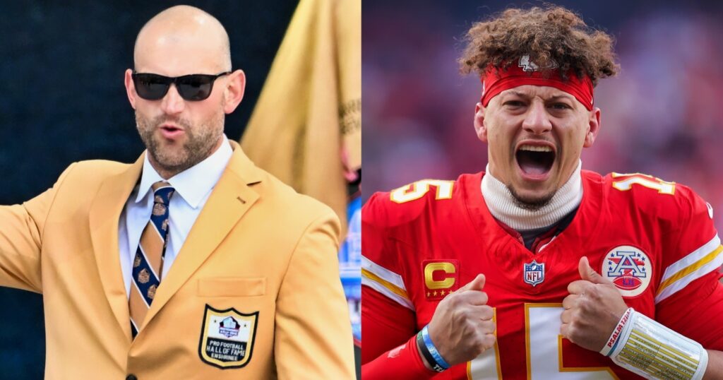 Joe Thomas looking on (left). Patrick Mahomes reacts (right).