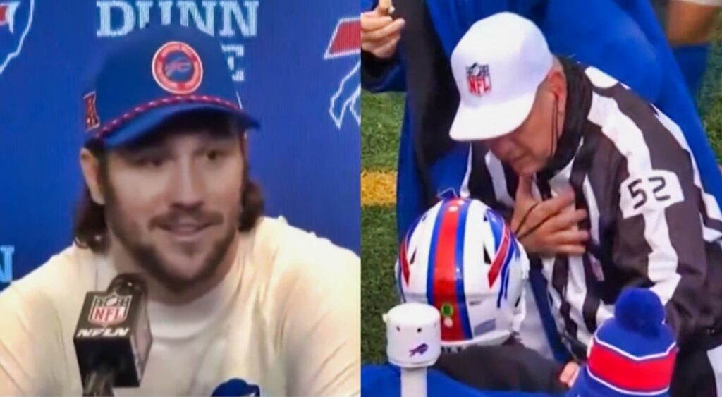 Josh Allen speaking to reporters (left). Bill Vinovich talking to Allen (right).