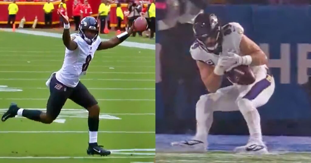 Lamar Jackson reacts during game (left). Mark Andrews dropping a pass (Right).