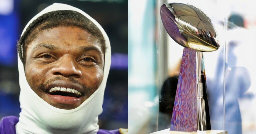 Lamar Jackson smiling (left). Lombardi Trophy on display (right).