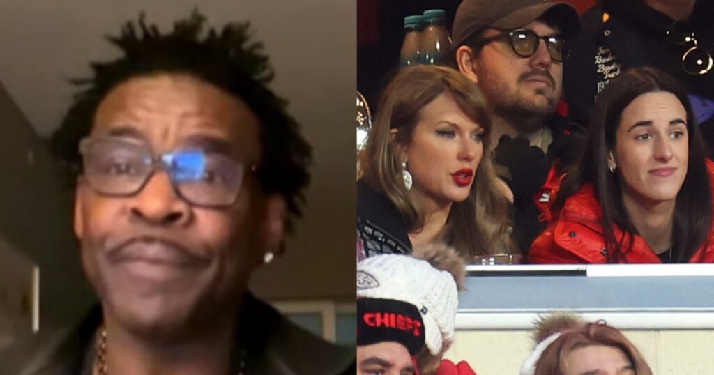 Michael Irvin speaking on show (left). Taylor Swift and Caitlin Clark at Chiefs game (right).